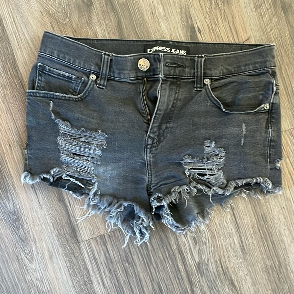 High waisted, black jeans, shorts - distressed, very short